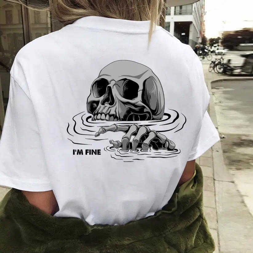 I'M FINE Drowning Skull Black Print Unisex Fashion Soft Fabric ShortSleeve Regular Fit
