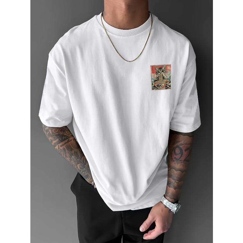 A Men'S Short-Sleeve T-Shirt Featuring a Cute Cat Design, with a Loose Fit, Stylish Casual Round Neck, Suitable for Outdoor Wear in Spring And Summer