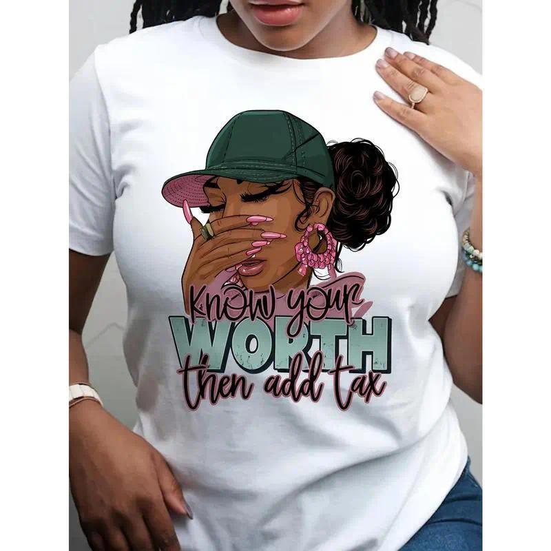 "Know Your Worth Then Add Tax" Empowering Graphic Tee with Stylish Woman & Fashion Glasses Design, Breathable Round Neck Short Sleeve Casual Top for Spring/Summer, Ladies T Shirts, Casual Attire, Casual Style