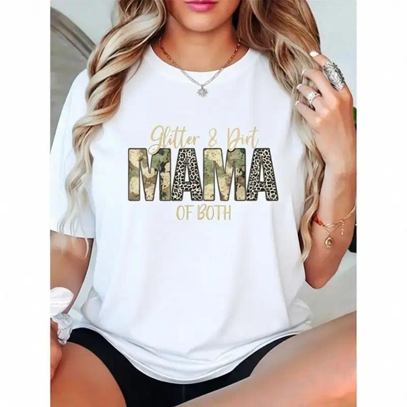 100%25 Cotton Glitter & Dirt MAMA of Both Leopard & Camo Mother's Day T-Shirt Top Women's Fashion Love Crewneck Casual Streetwear Summer Top Mum Prints graphic tee Womenswear Tshirt graphic tee shirts men Crew Neck Tee Fabric Fit