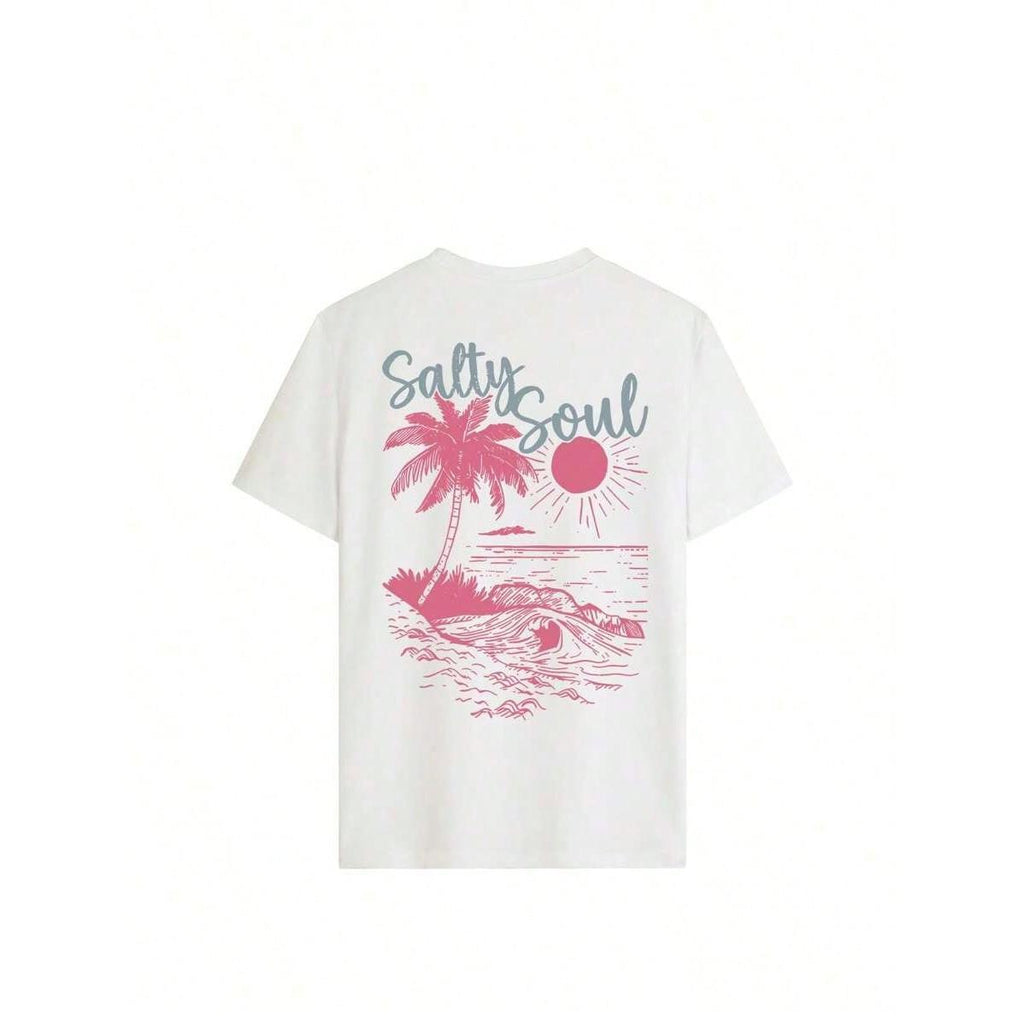 2026 Summer ShirtSALTY SOUL Women's Spring/Summer New Coconut Tree & Sunshine Print Casual Round Neck Short Sleeve T-Shirt, Fashion Versatile, Essential Daily & Vacation Wear. Vacation Printed T-Shirt For WomenLoose And Comfortablesummer Tops