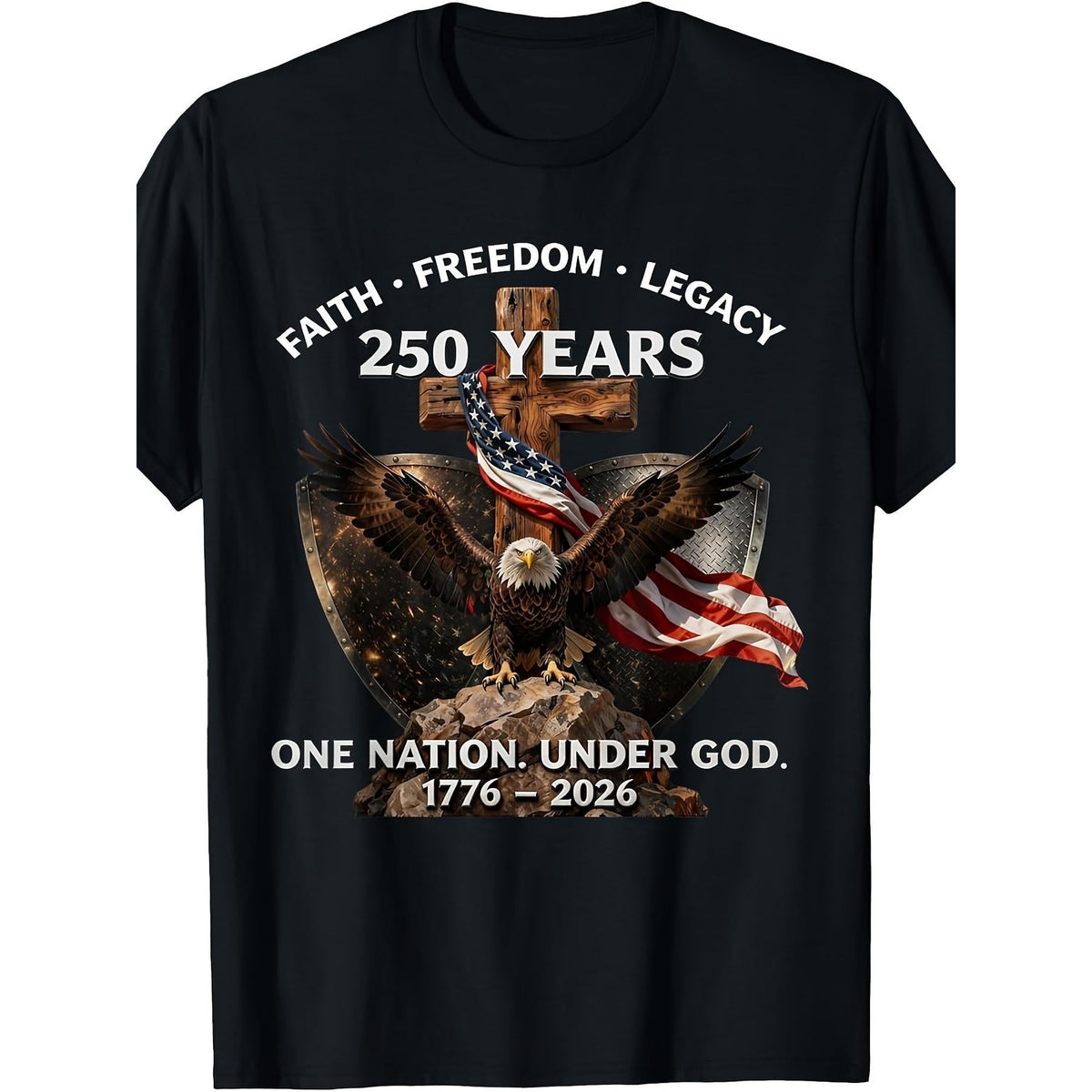 Women's USA 250th Anniversary Short-Sleeve Polyester Round Neck Stretch Fabric T-Shirt - 1776-2026 Faith Freedom Legacy Retro Design, Vintage Independence Print, Machine Washable for Casual Wear, Historical Events, Shortsleeve, Top, Tshirt, Regular Fit