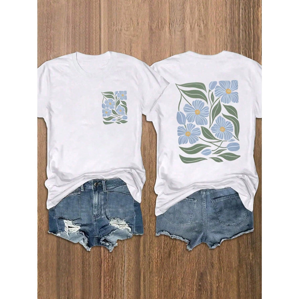 Vintage Blue Floral Print Women's Short Sleeve T-Shirt Graphic Tees Women Tops