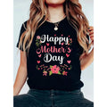 A Casual Style Happy Mother'S Day" Women'S Floral Print Black T-Shirt- Cute Short Sleeve Round Neck Casual Top With Pink Flowers And Heart Embellishments, 100%, Perfect For Spring And Summer, Women'S T-Shirt, Summer Fashion, Spring Outfit, Playful Design