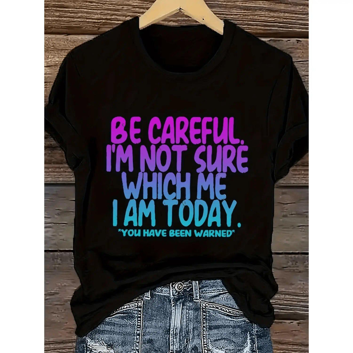 Plus Size Humorous Be Careful Im Which I Graphic T Shirt Colorful Letter Print Loose Neck Short Sleeve Summer Tee Machine Washable Black Casual Top Text Shirt Ladies T Shirts Black -1