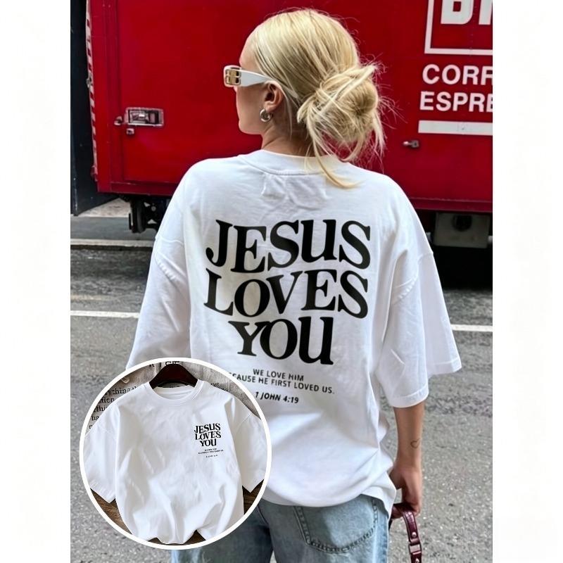 [Summer Casual Tee] New 2026 Spring/Summer Women's Round Neck Letter Print Fashion Summer Short Sleeve Casual "Jesus Loves You" Round Neck Short Sleeve T-Shirt Summer Casual Tee