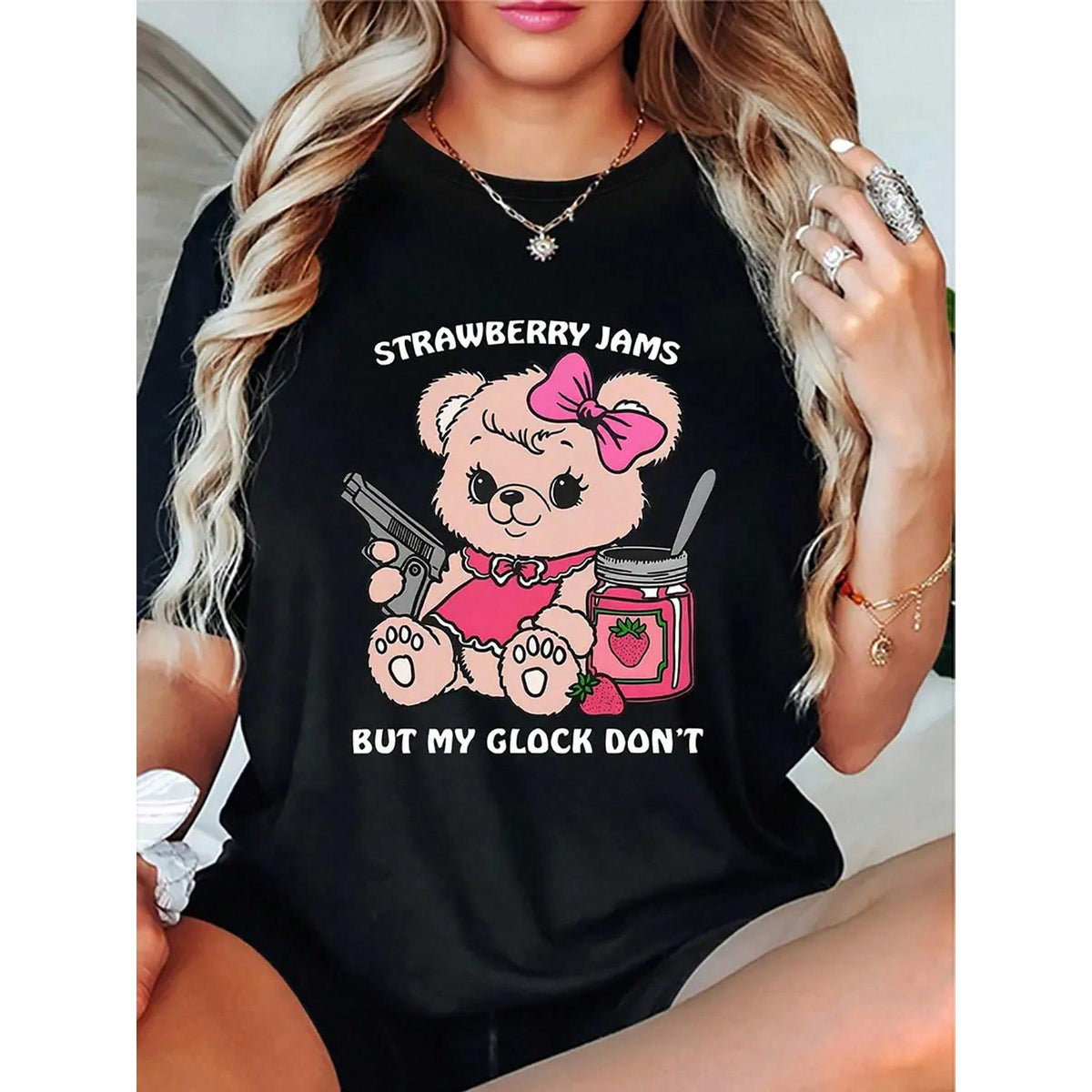 Strawberry Jams But My Don't Print Short Sleeved Casual Women Cototn T-Shirt Round Neck Women Graphical Female Summer T Shirt Clothing Tee Tops