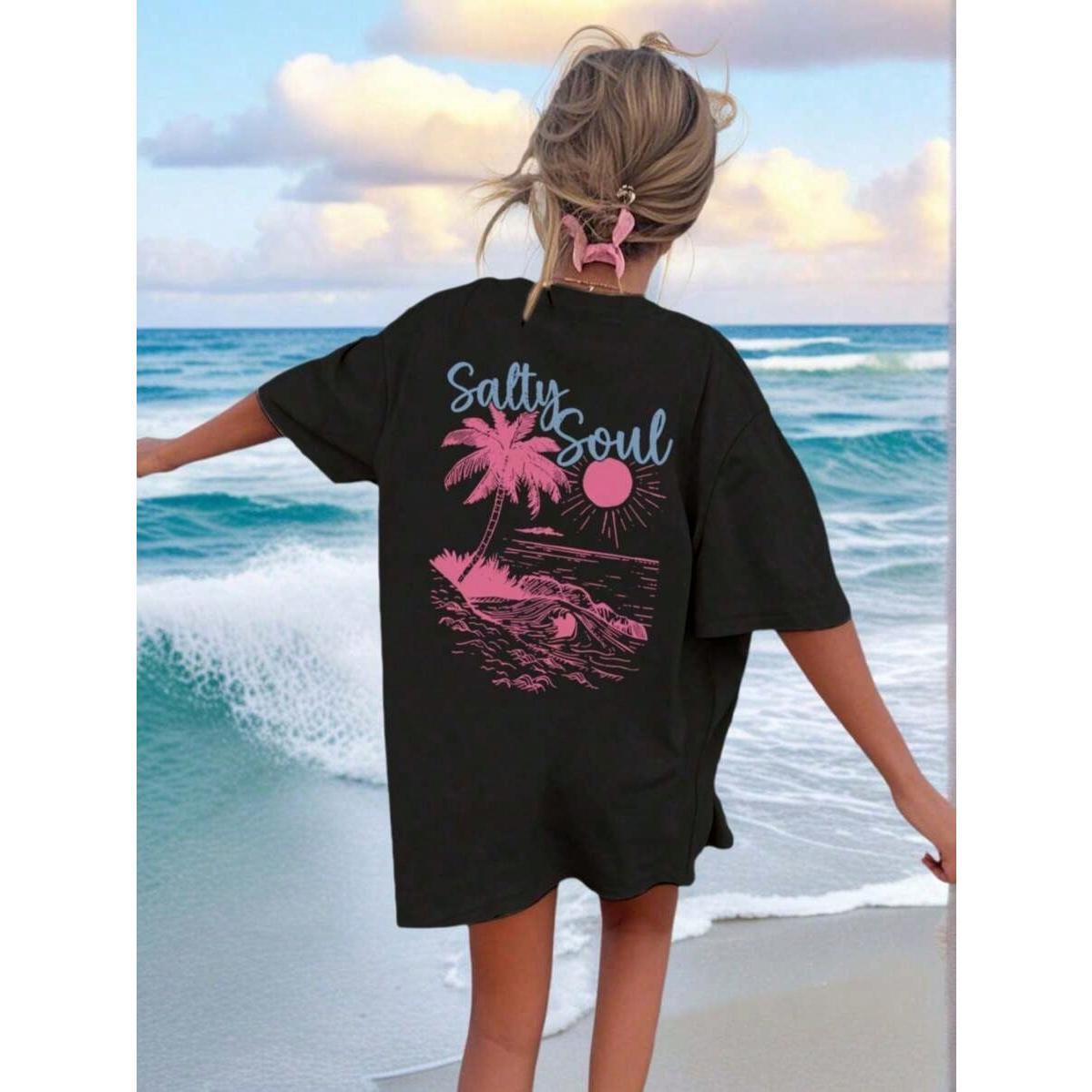 2026 Summer ShirtSALTY SOUL Women's Spring/Summer New Coconut Tree & Sunshine Print Casual Round Neck Short Sleeve T-Shirt, Fashion Versatile, Essential Daily & Vacation Wear. Vacation Printed T-Shirt For WomenLoose And Comfortablesummer Tops