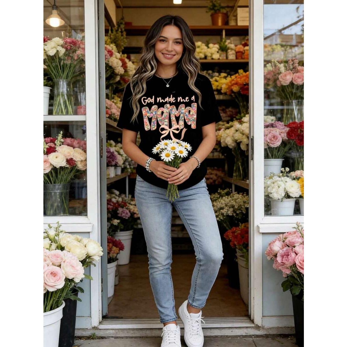 God Made Me A Mama Floral Print Bow T Shirt Women Casual Short Sleeve Top Motherhood Gift For Mom Maternity Wear