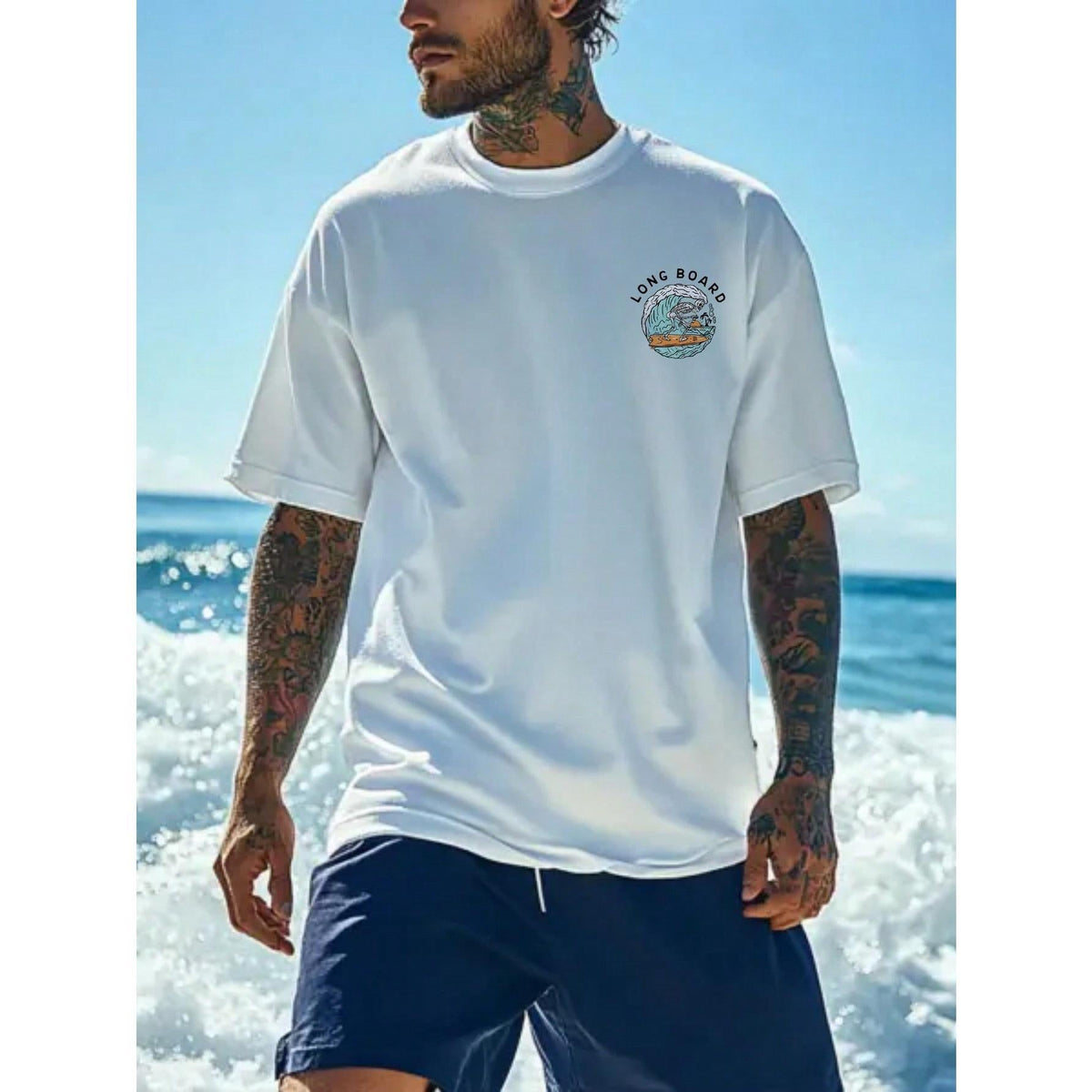 Men's Casual Beach Surfing Element Printed Short Sleeve T-Shirt, Comfortable & Breathable, For Summer Wear