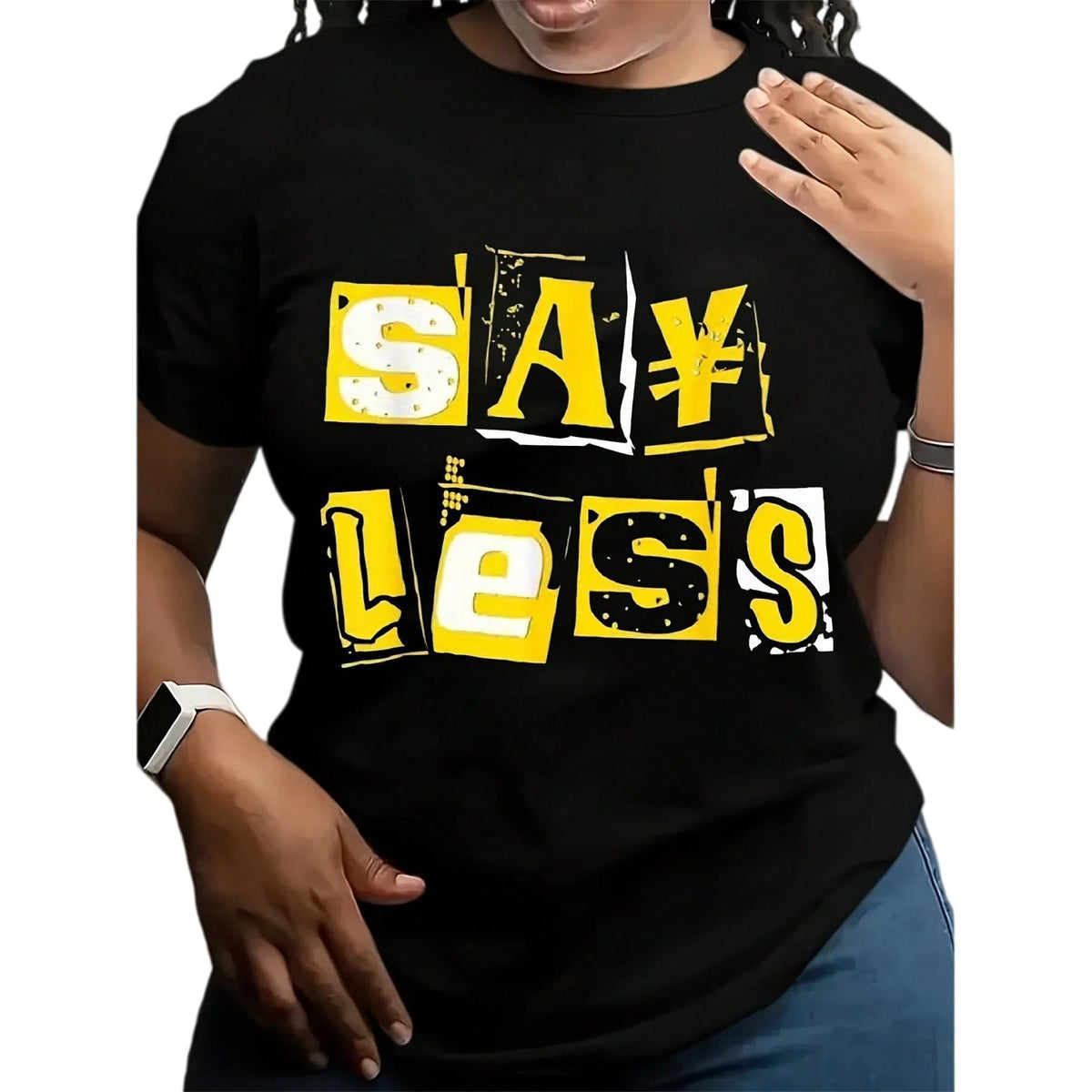 Black And Yellow Block Letter Design Tee Featuring a 'Say Less' Print, Perfect for Summer with a Regular Fit And Crew Neck Style