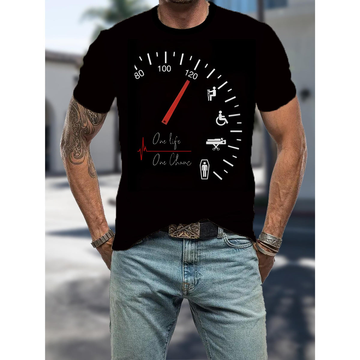 Men's Novelty Car Dashboard Graphic Tee - Casual Black Polyester T-Shirt with 3D Speedometer Print, Round Neck, Short Sleeves - Perfect for Summer Wear, Retro T Shirt