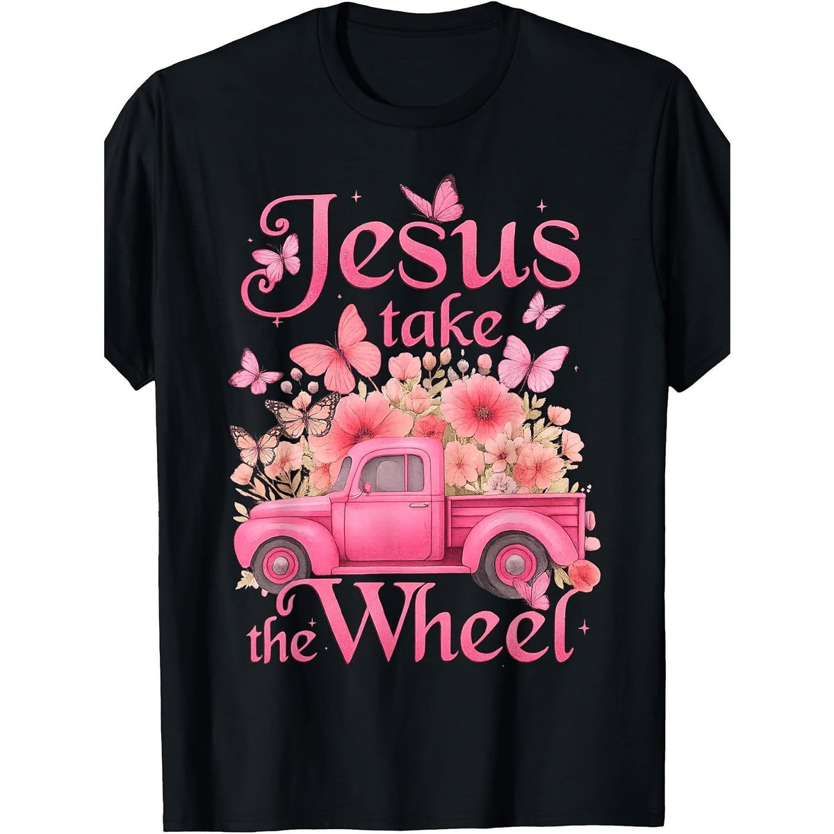 Vintage Take The Wheel Pink Floral Truck Butterfly T-Shirt