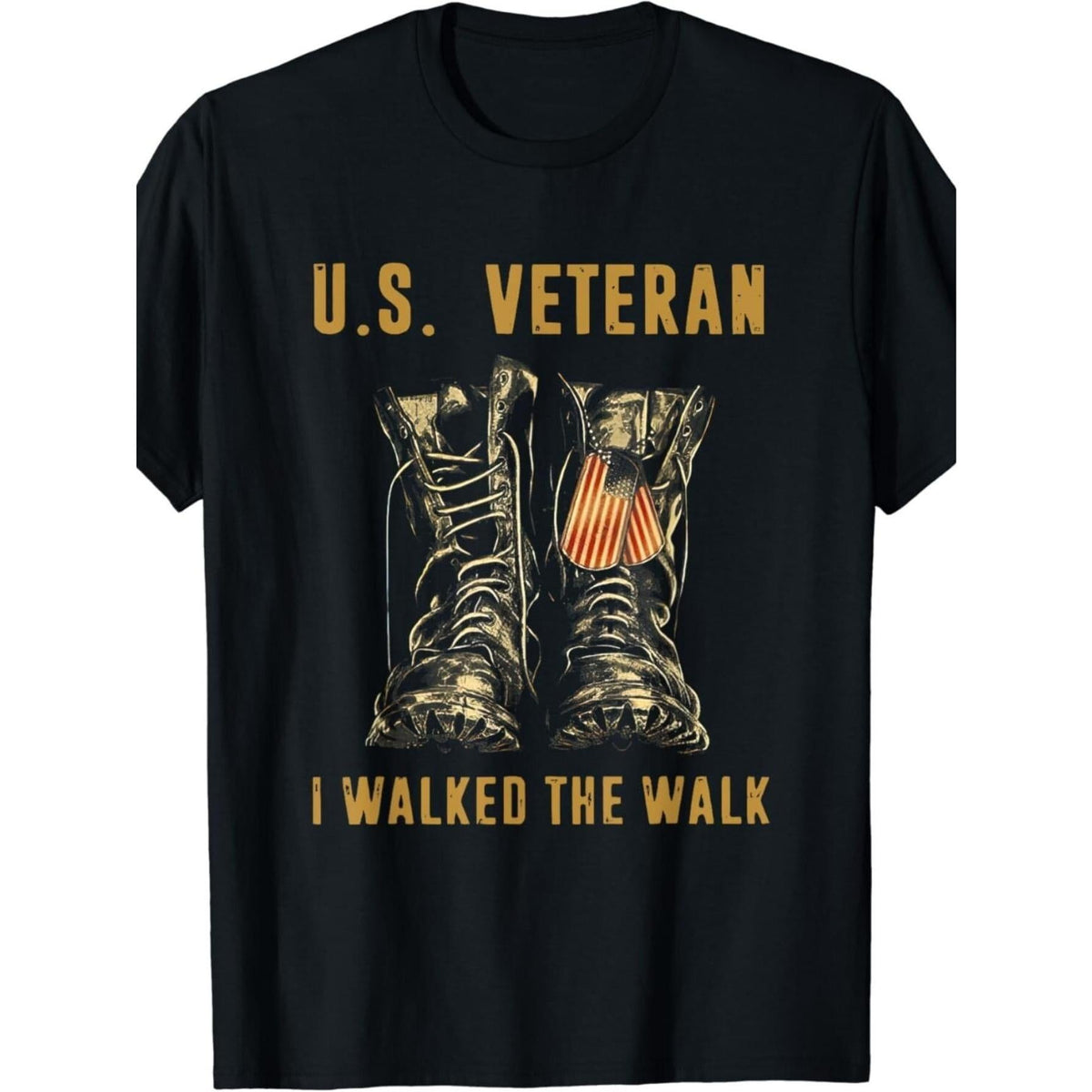 Men'S Plus SizeMen'S US I Walked The Walk T-Shirt - Black with Golden Combat Boots & Dog Tag Design, U.S. Army Insignia Style, Comfortable Casual Short Sleeve Crew Neck Tee for Veterans Day, Military Service Apparel, All-Season Comfort Fit