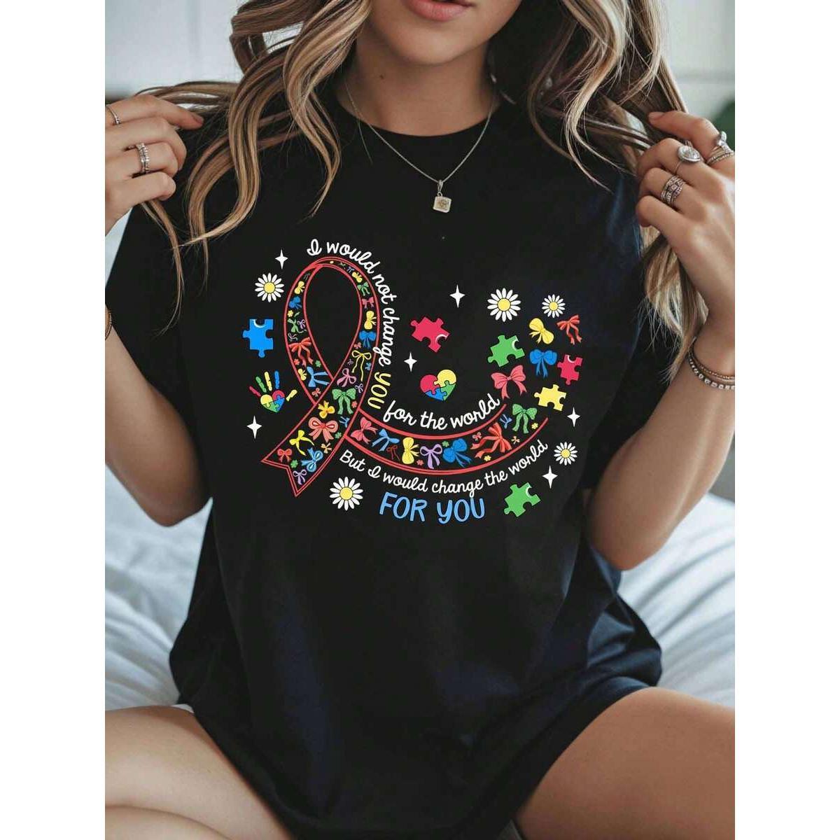Autism Awareness Ribbon Shirt I Would Not Change Mom For The World But I Would Change The World For You T-Shirt For Women Autism Puzzle Pieces Design Gift For Mother's Day Or Autism Awareness Month