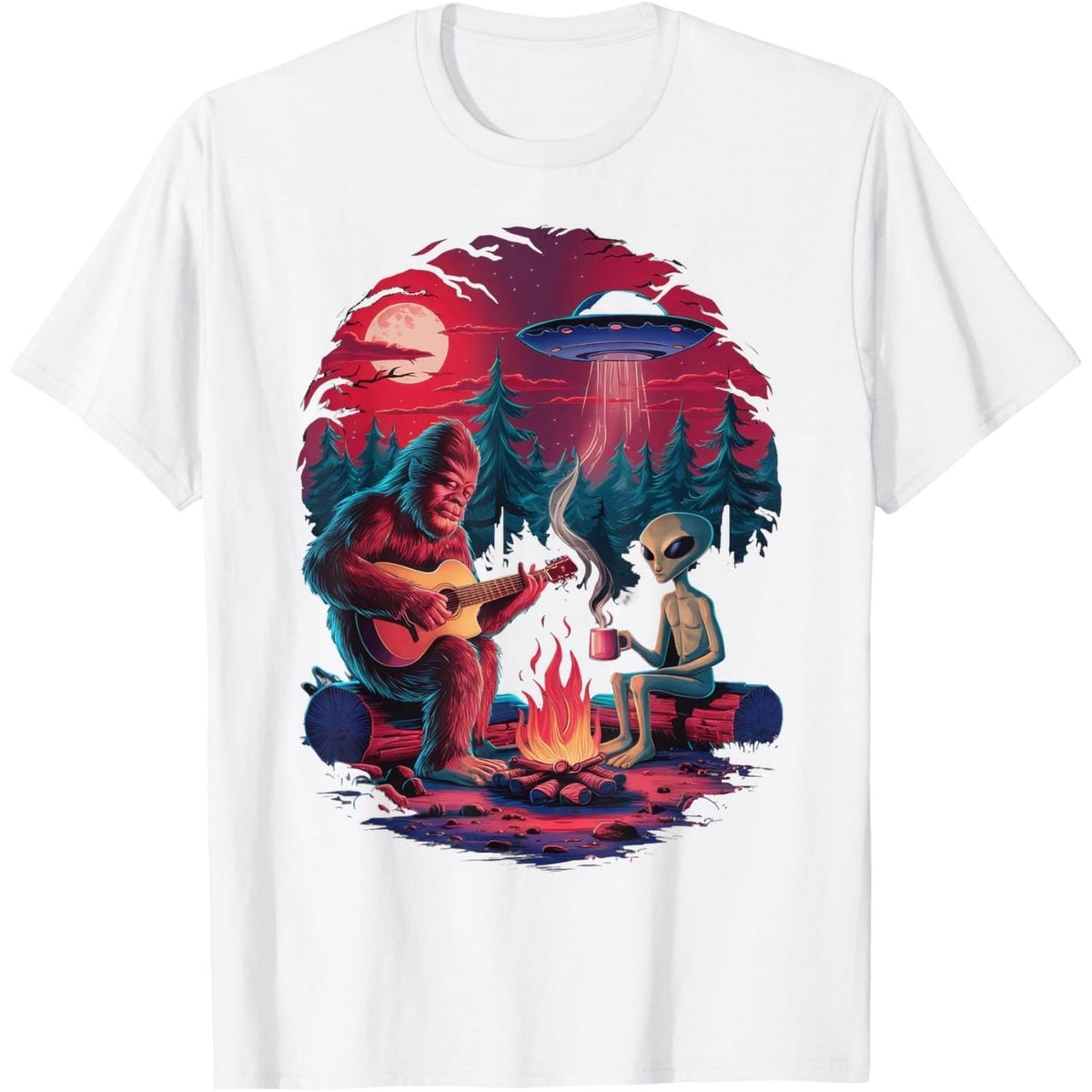 Alien and Bigfoot Campfire UFO Adventure Funny Hiking Unisex T-Shirt