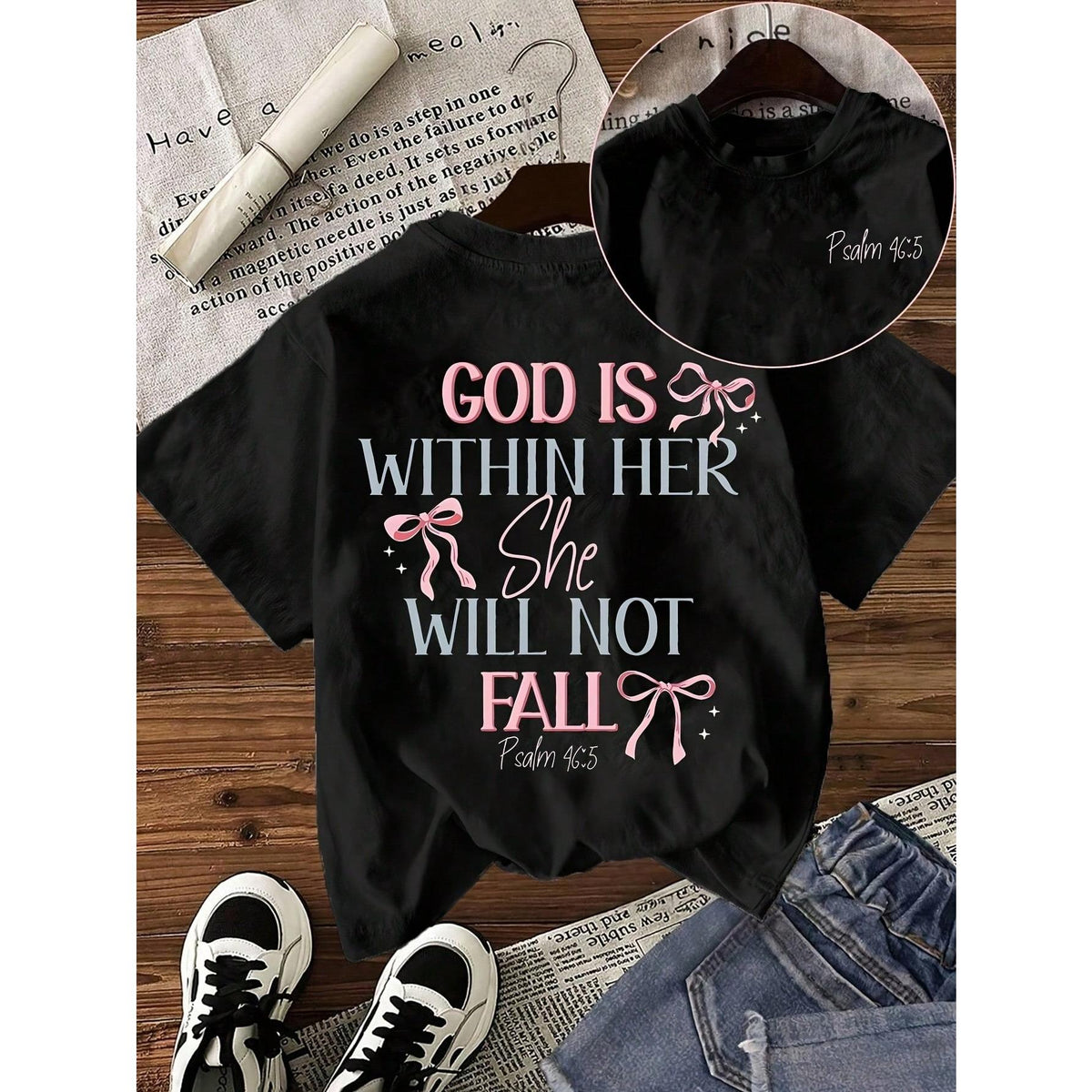 Women'S Christian Bible Verse T-Shirt  God Is In Her Heart, She Will Not Fall  - Psalm 46 5   Casual Short Sleeve Round Neck Top