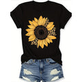 2026 Women'S Summer Black Round-Neck Short-Sleeve T-Shirt with Sunflower Leopard Print, Breathable Casual Short-Sleeve T-Shirt Featuring a Classic Black Round-Neck Design, Suitable for Home, Outdoor, Or Travel, Paired with Sunflower Leopard Print