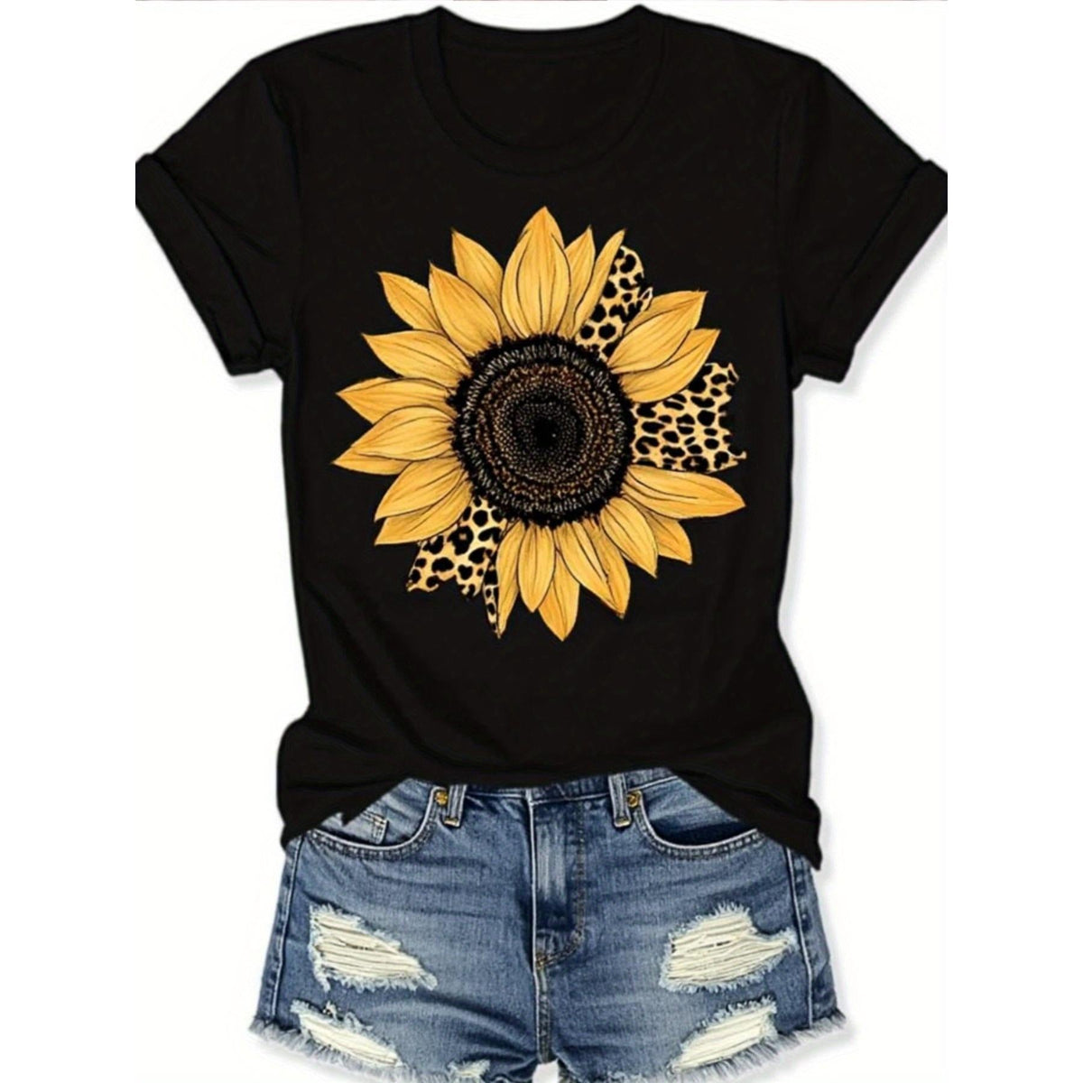 2026 Women'S Summer Black Round-Neck Short-Sleeve T-Shirt with Sunflower Leopard Print, Breathable Casual Short-Sleeve T-Shirt Featuring a Classic Black Round-Neck Design, Suitable for Home, Outdoor, Or Travel, Paired with Sunflower Leopard Print