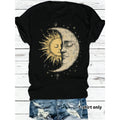 Women's Bohemian Style T-shirt with Mysterious Sun & Moon Face Print, Retro Hippie Style, Short Sleeve Casual Crew Neck Top, Perfect Choice for Women's Spring & Summer Wear Fit Womenswear Soft Tshirt