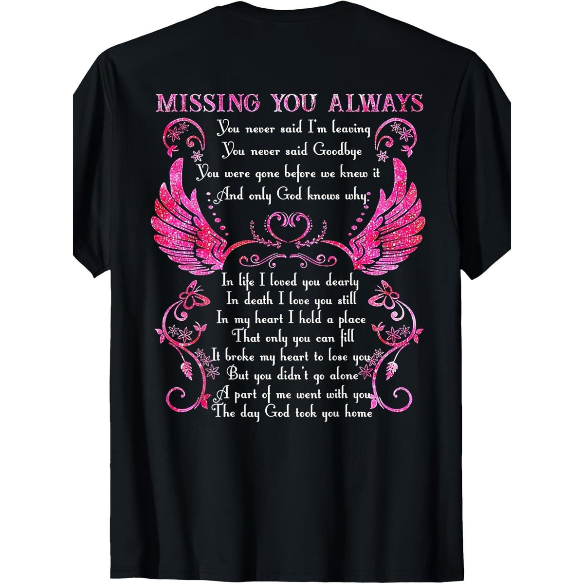 Women'S Plus Size "Eternal Longing" Theme T-Shirt- Shiny Angel Wings And Touching Tribute Text Emotional Black T-Shirt, Perfect Gift For Commemorating And Honoring Loved Ones