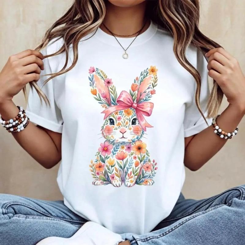 Casual Women s Round Neck Short Sleeve T Shirt Featuring Easter Bunny with Pink Bow and Colorful Swirls Print Perfect for Spring Festivals and Outdoor Leisure