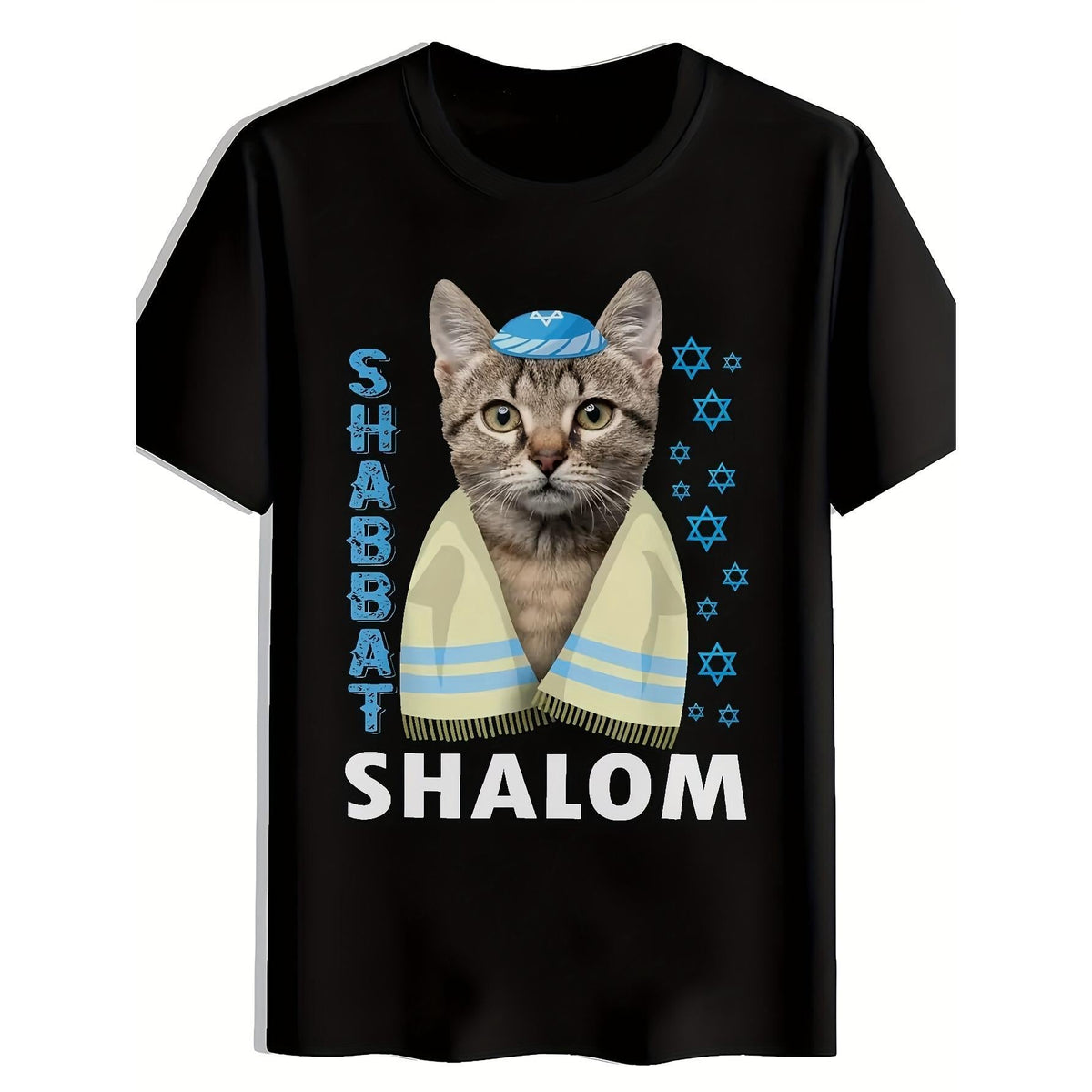 Cat Blue Hat Print T-Shirt, Summer, Crew Neck Short Sleeve T-Shirt, Casual Daily Top, Men's Clothing